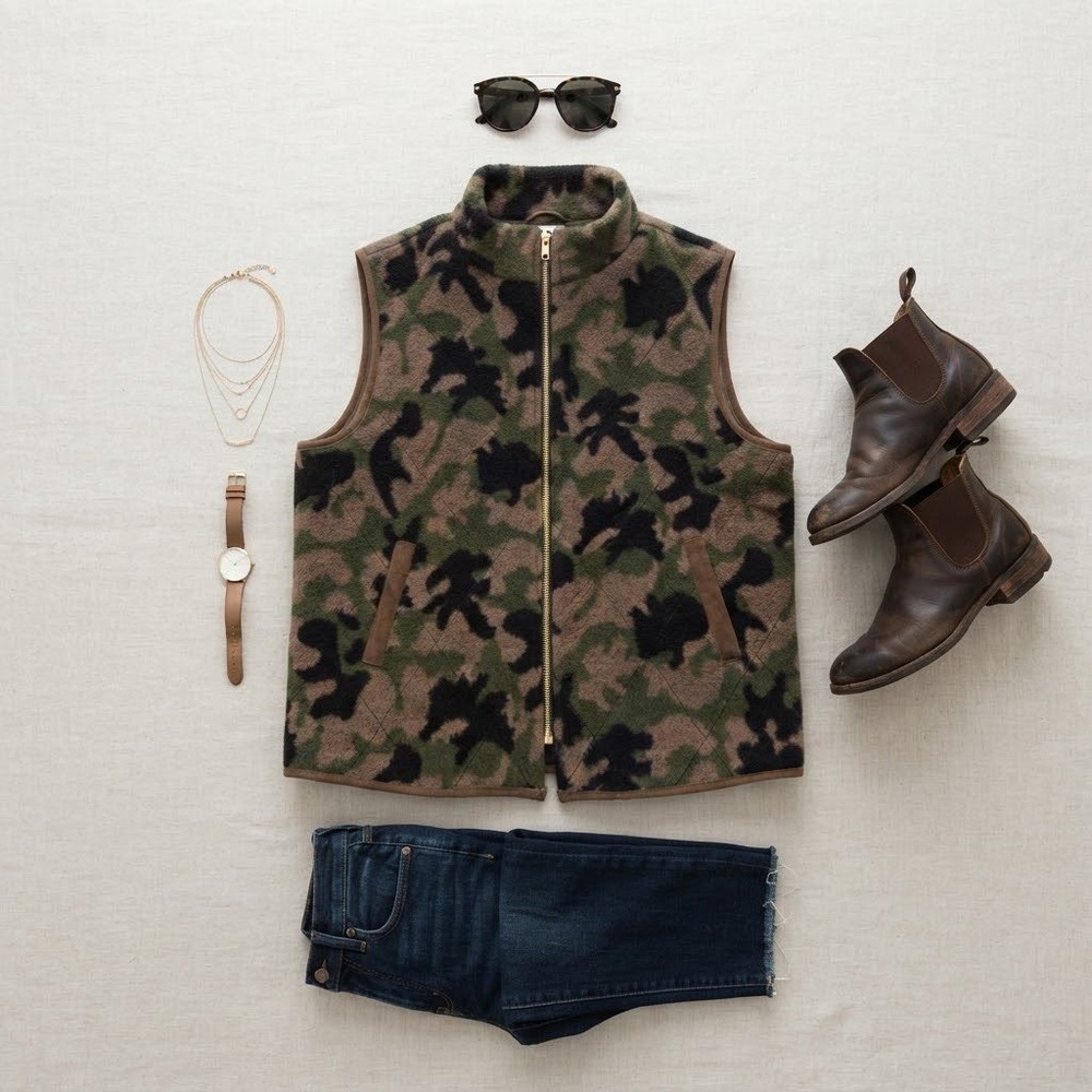 Racheal Camo Quilted Vest Women Large Green Brown Full Zip Gorpcore Utility